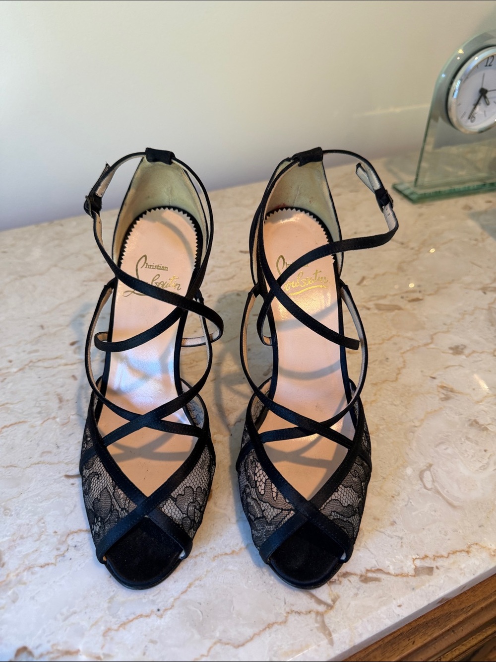 Christian Louboutin Black Lace Crisscross Peep-Toe Heels